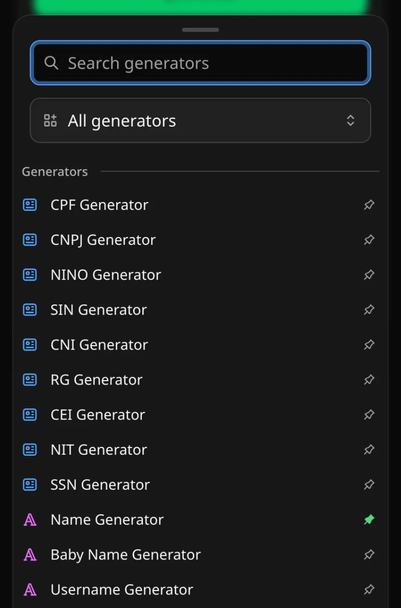 Catalog of generators, each one ready to pin