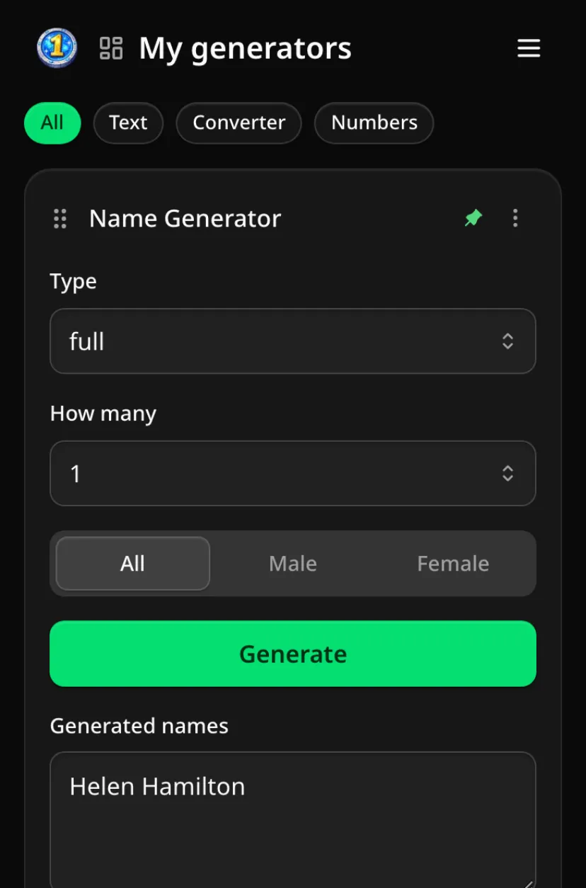 Dashboard with pinned tool cards and a generated name