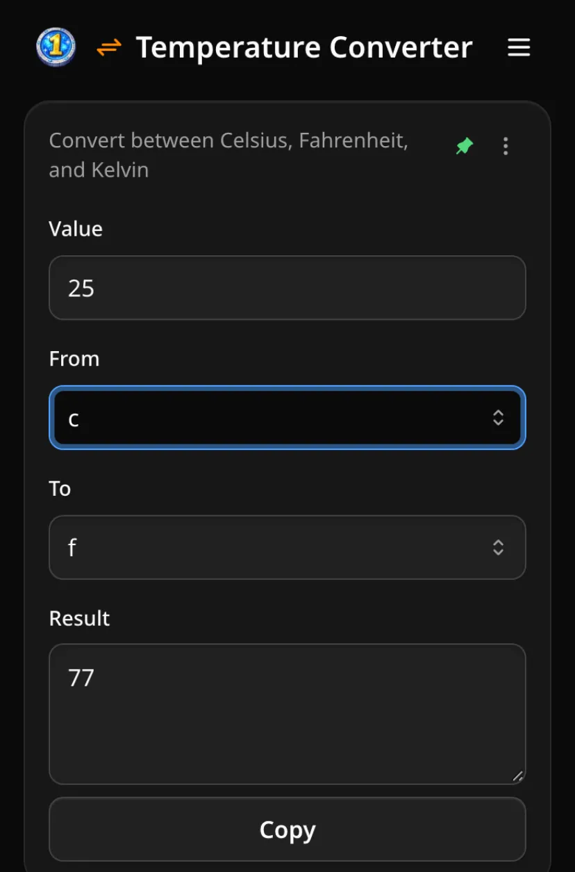 Temperature converter turning 25 °C into 77 °F
